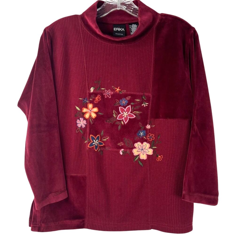 ERIKA Collection Women's Top Velvet Mixed Media Burgundy Overhead Boho Size S